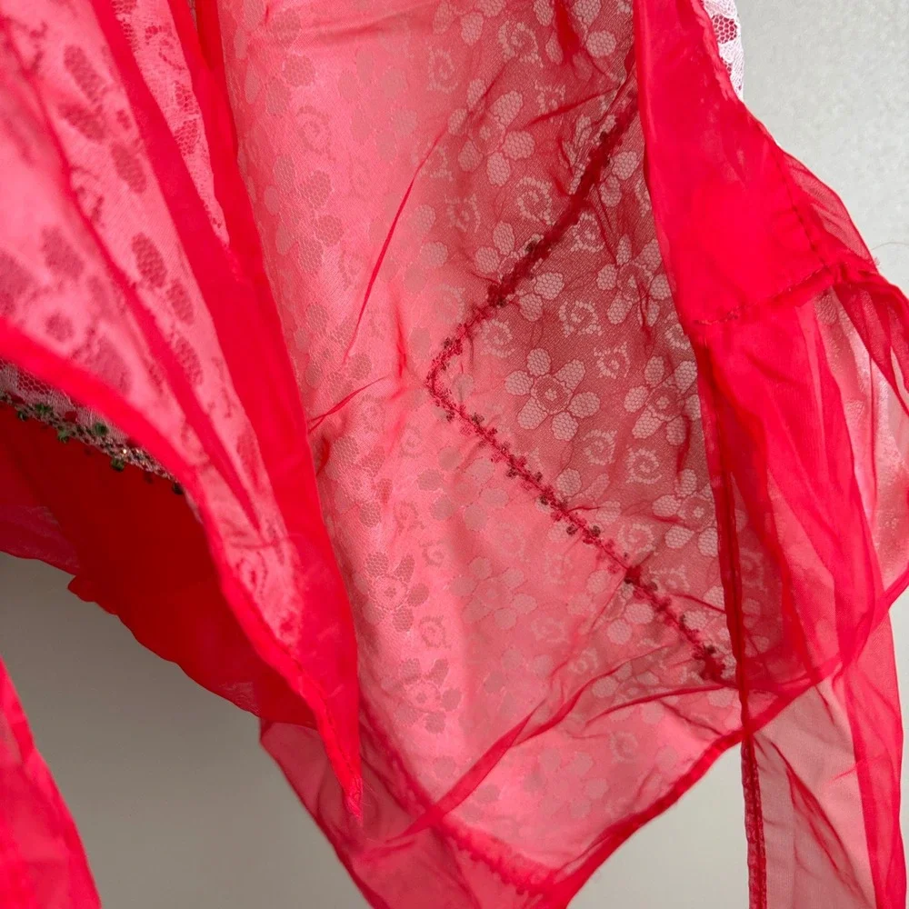 Vintage Sheer Red White Floral Lace Half‎ Apron Kitchen House Chores